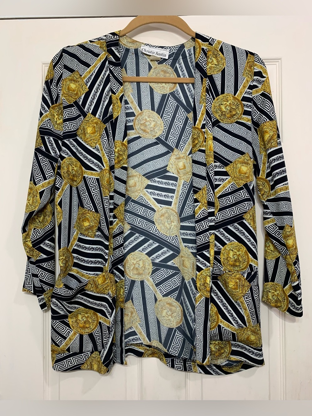 Vintage Christine Austin Black & Gold Greek Inspired Lg Cardigan. 3601